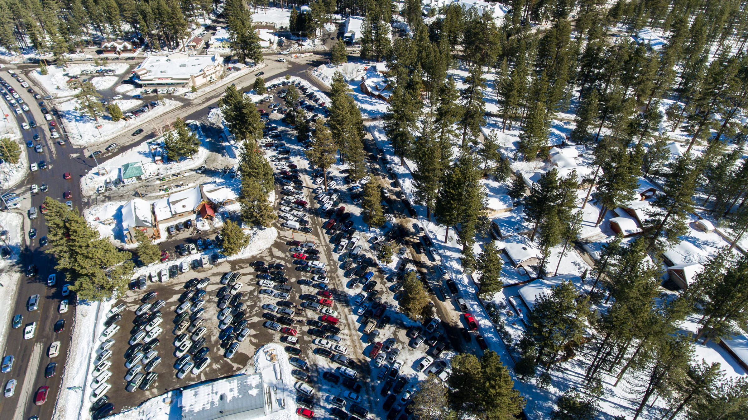 Drone view of parking lot in big bear lake