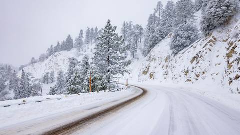 An alpine highway with a blanket of fresh snow in the midst of a winter snowstorm on a cloudy day.