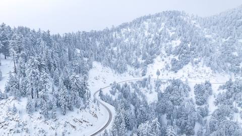 Drone view of a mountain road, near Big Bear Lake, after a winter storm laid white snow on the ground and pine trees.