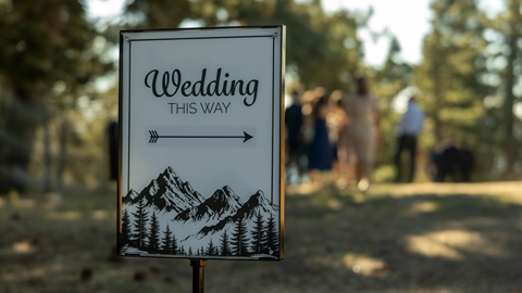 Wedding this way signage in the forest