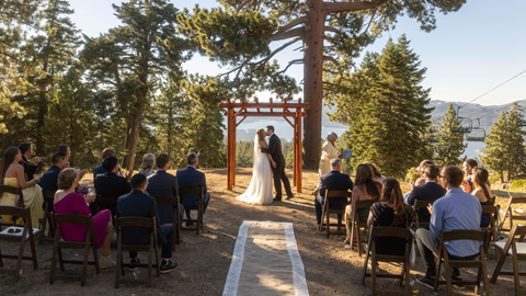 Bride and groom kissing under the alter with their guests watching at the top of snow summit