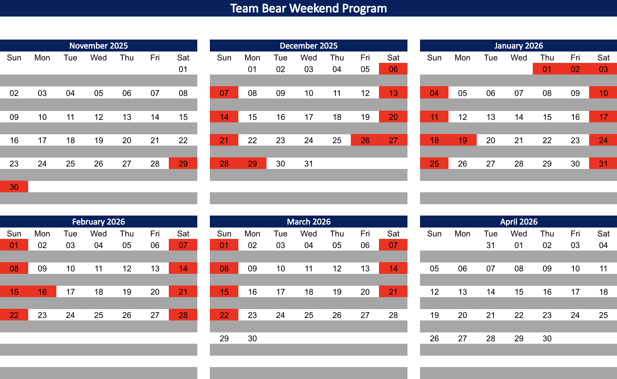 Team Bear freestyle team training schedule for the 25/26 winter season for Weekend Program