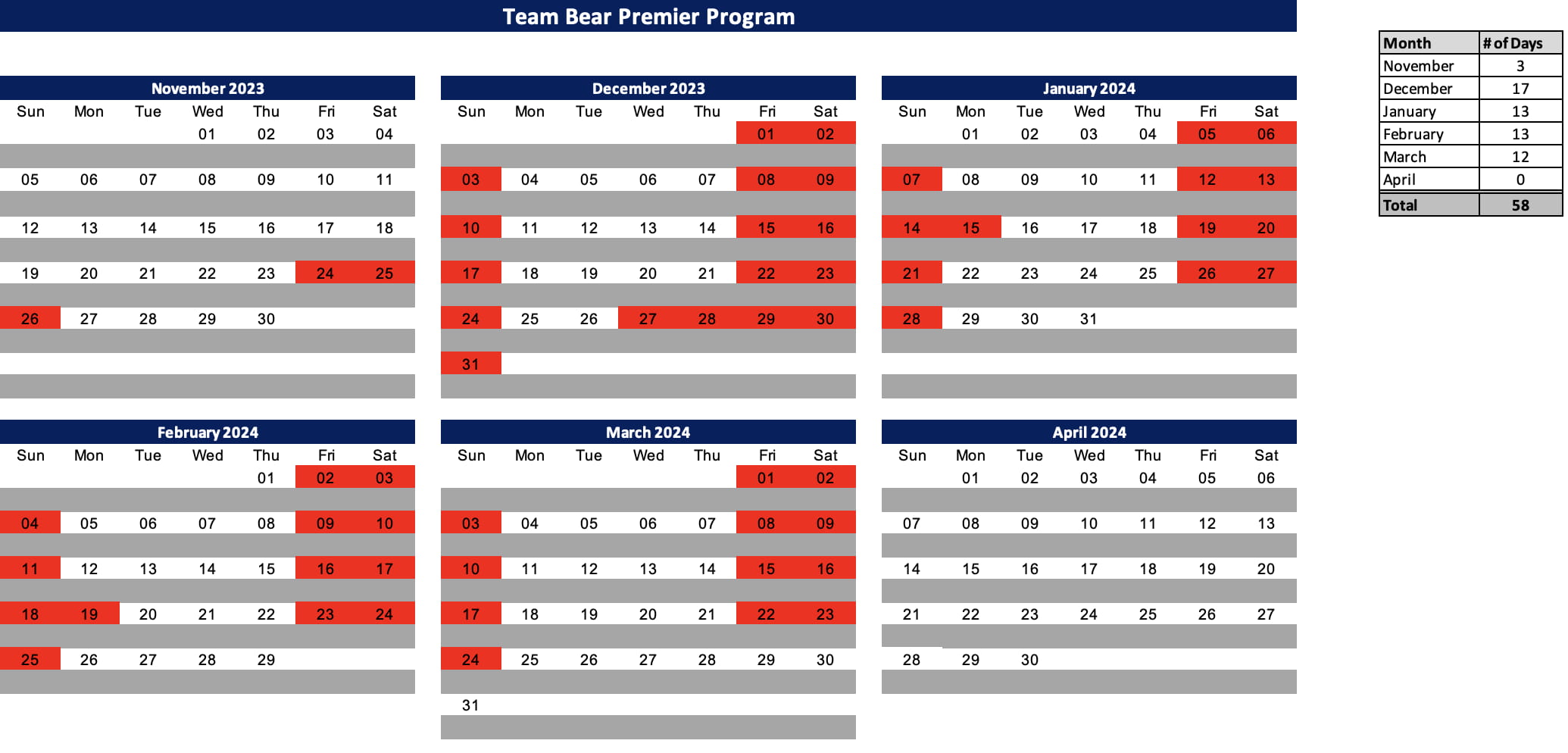 Team Bear premier team schedule for 23/24 winter