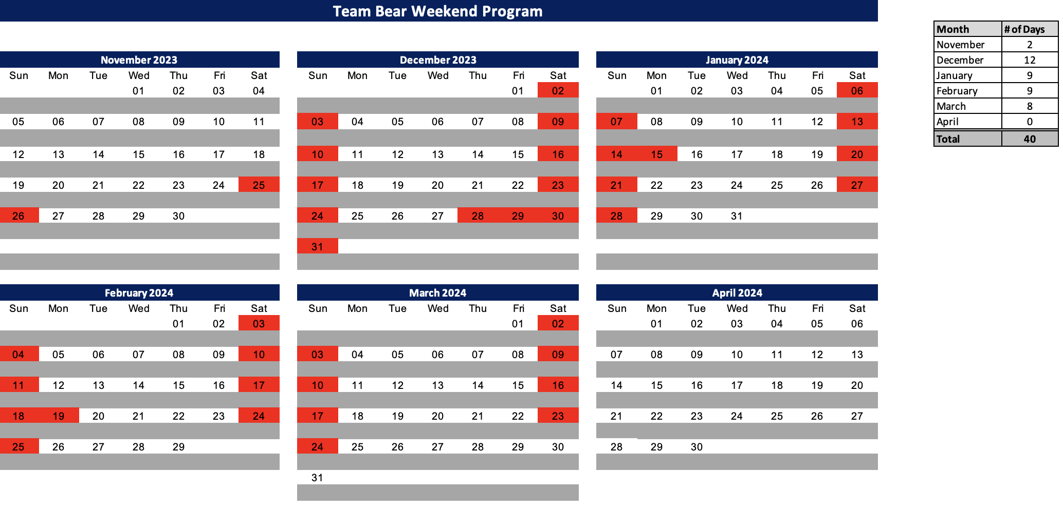 Team Bear weekend team schedule for 23/24 winter
