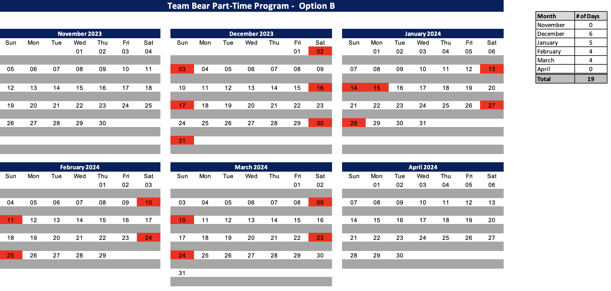 Team Bear part B team schedule for 23/24 winter