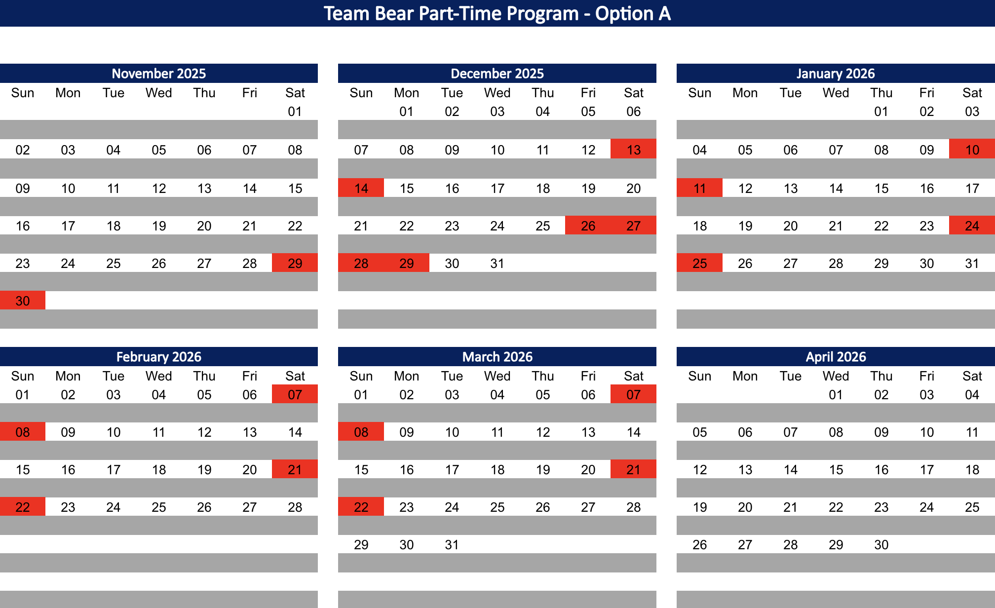 Team Bear freestyle team training schedule for the 25/26 winter season for Part Time A
