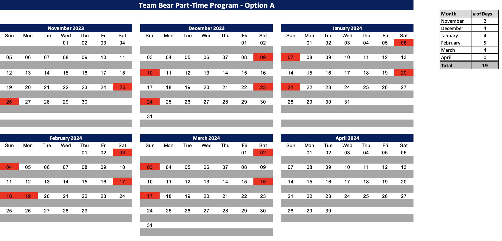 Team Bear part A team schedule for 23/24 winter